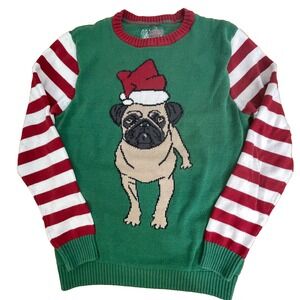 Ugly Christmas Sweater‎ Womens Large Pullover Pug Dog Santa Hat Stripe Sleeves